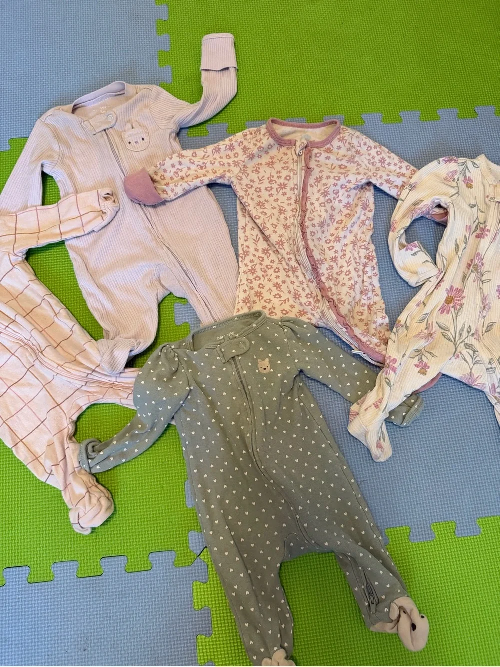 Mixed Girls Footie Sleepers in Pink and Green - Set of 5